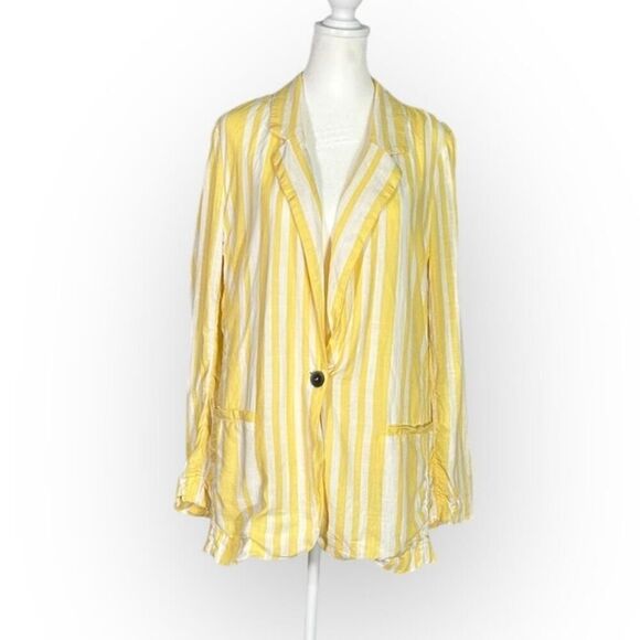 Willow Meyer Blazer‎ Women's Small Yellow White Striped Linen Blend Long Sleeve - Picture 3 of 13